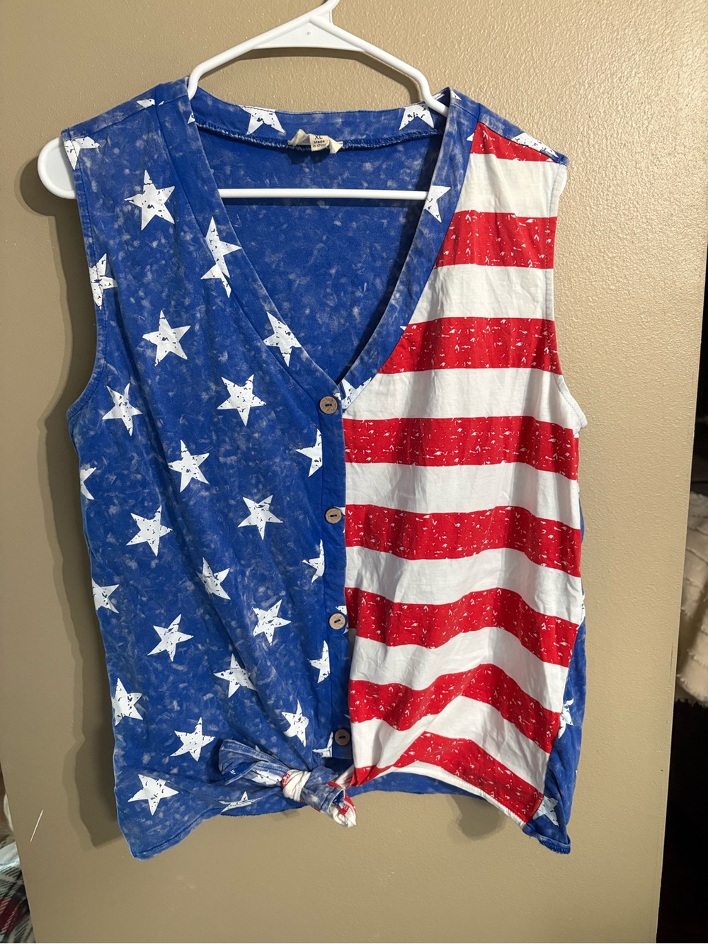 BiBi Red White Blue Star & Stripe V-Neck Tie-Front Tank